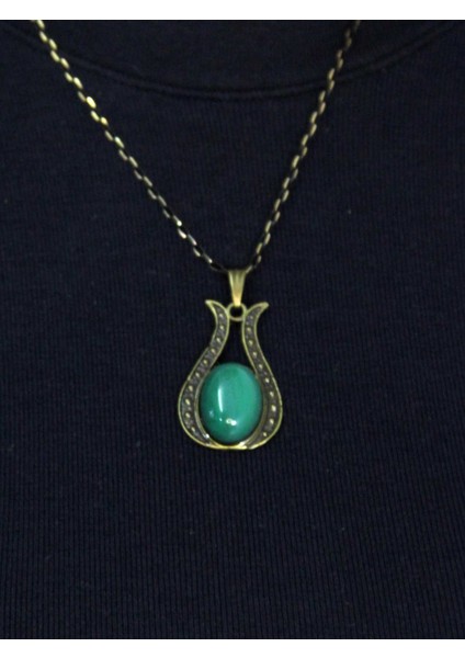 Doğal Taş Yeşil Akik Doğal Taşlı Lale Modelli Antik Kadın Kolye EUK44YA fiyatları