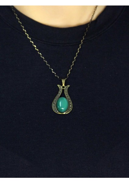 Doğal Taş Yeşil Akik Doğal Taşlı Lale Modelli Antik Kadın Kolye EUK44YA modelleri