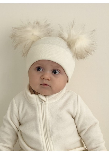 Kız Bebek Çift Ponponlu Triko Bere Standart 0-3 Yaş