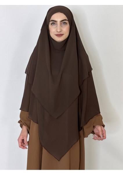 Üç Katlı Hazır Peçeli Sufle Khimar Şifon Esarp 4 Ipli Kahve