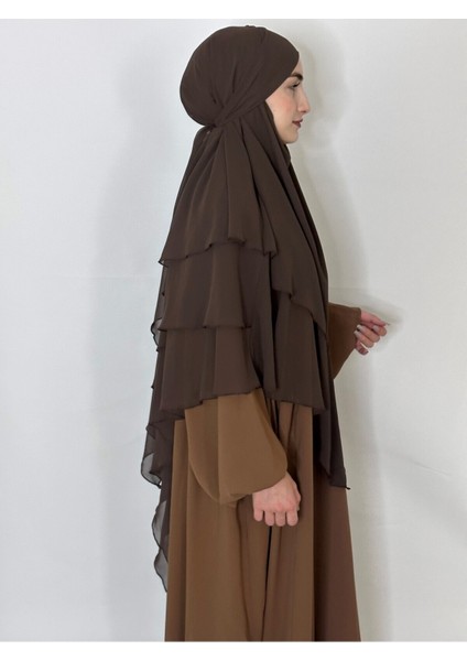 Üç Katlı Hazır Peçeli Sufle Khimar Şifon Esarp 4 Ipli Kahve modelleri