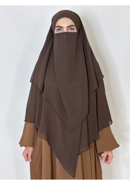 Üç Katlı Hazır Peçeli Sufle Khimar Şifon Esarp 4 Ipli Kahve
