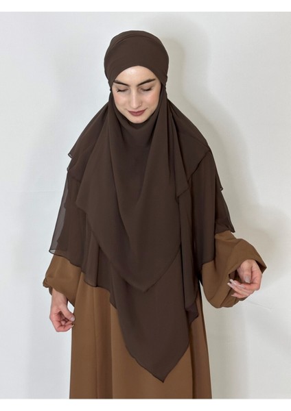 Üç Katlı Hazır Peçeli Sufle Khimar Şifon Esarp 4 Ipli Kahve