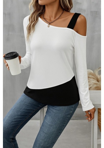 Kadın Tek Omuzu Açık Askılı Çift Renkli Uzun Kollu Viskon Bluz