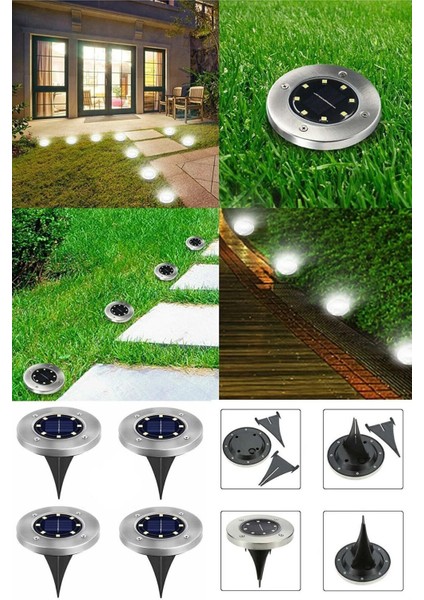 Solar Güneş Enerjili 8 Ledli Kazıklı Zemin Bahçe Aydınlatması Gün Işığı 4 Lü Set Yere Saplamalı