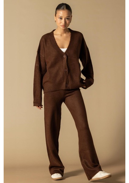V Yaka Hırka Pantolon Triko Takım Kahve 9368-TK