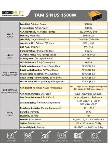 n 24 Volt 1500 Watt Tam Sinüs Inverter - Invertör - 24/220 Volt Çevirici