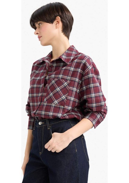 Overshirt Fit Gömlek Yaka Kareli Flanel Uzun Kollu Gömlek G3613AX25AU fırsatları