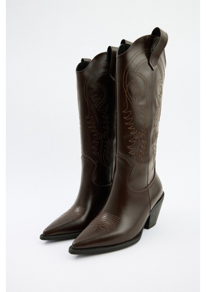 Çizme 2523 - İşlemeli Kovboy Acı Kahve Kadın Çizme