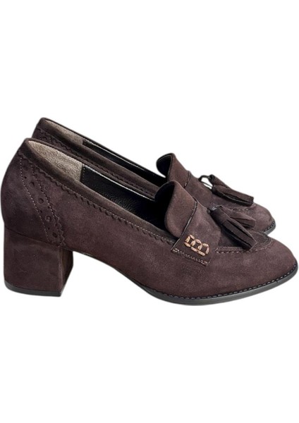 Kahve Hakiki Deri Süet Püskül Detay Topuklu Ayakkabı