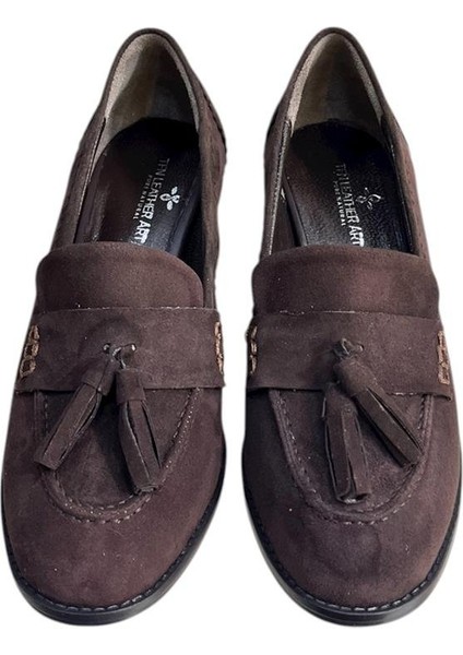 Kahve Hakiki Deri Süet Püskül Detay Topuklu Ayakkabı fiyatları