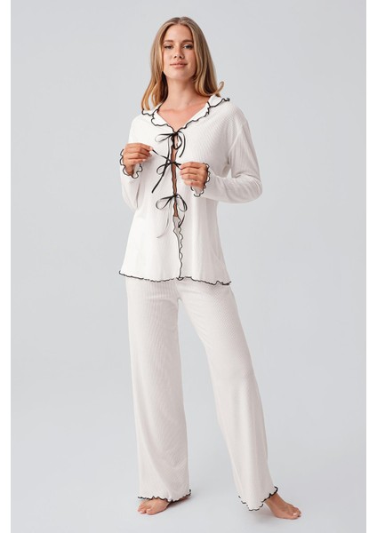 Uzun Kollu Kurdele Bağlamalı Fiyonklu Viskoz Pijama Takım 18211 fiyatları