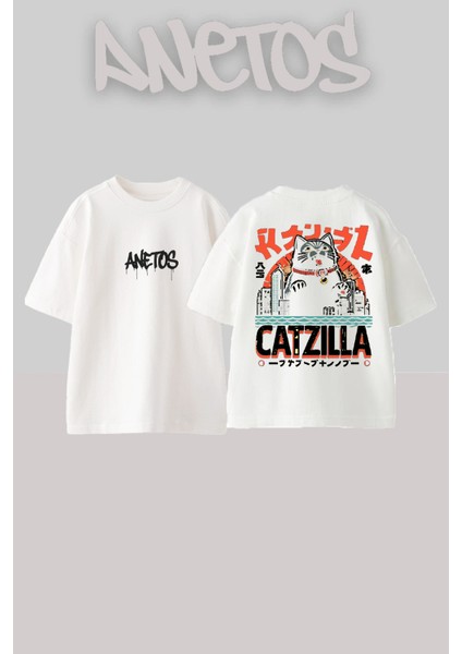 Catzilla Tasarım Sırt Baskılı Pamuk Beyaz Oversize T-Shirt