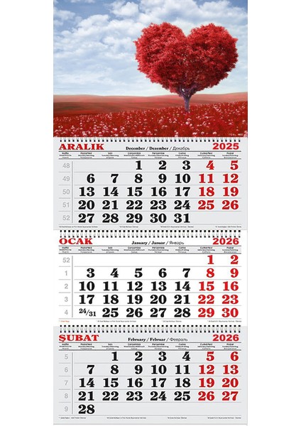 2026 Yılı Gemici Takvimi- Kırmızı Çiçekler ve Kalp Ağaç