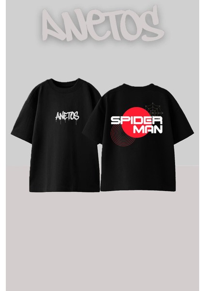 Sıperman Tasarım Sırt Baskılı Pamuk Siyah Oversize T-Shirt