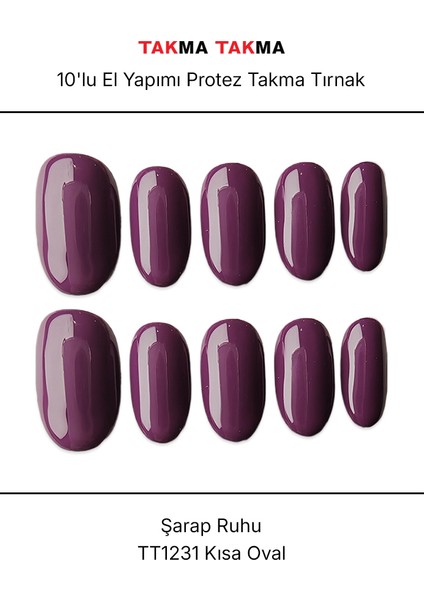 10'lu Mor Kısa Oval TT1231 Tekrar Kullanılabilir El Yapımı Protez Takma Tırnak - Mor-L modelleri