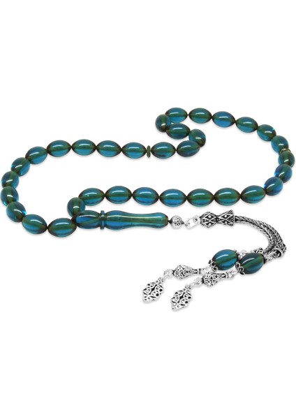 925 Ayar Gümüş Çift Püsküllü Arpa Kesim Turkuaz Ateş Kehribar Tesbih