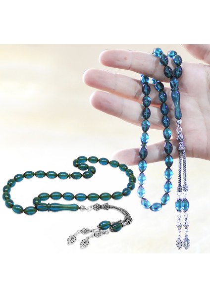 925 Ayar Gümüş Çift Püsküllü Arpa Kesim Turkuaz Ateş Kehribar Tesbih fiyatları