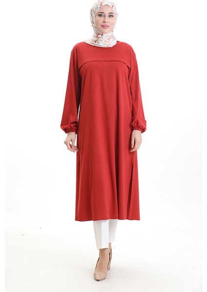 Yandan Yırtmaçlı Uzun Tunik 4104-09 Kiremit