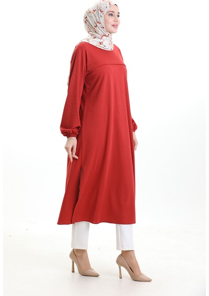 Yandan Yırtmaçlı Uzun Tunik 4104-09 Kiremit modelleri