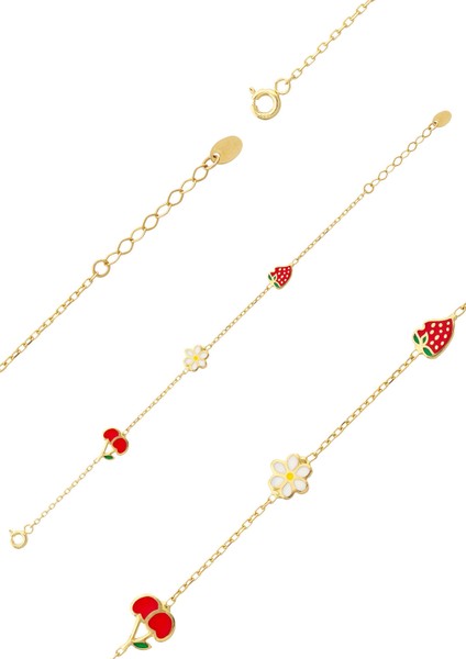 Altın Mineli Çocuk Bilekliği - Kiraz, Papatya, Çilek Figürlü