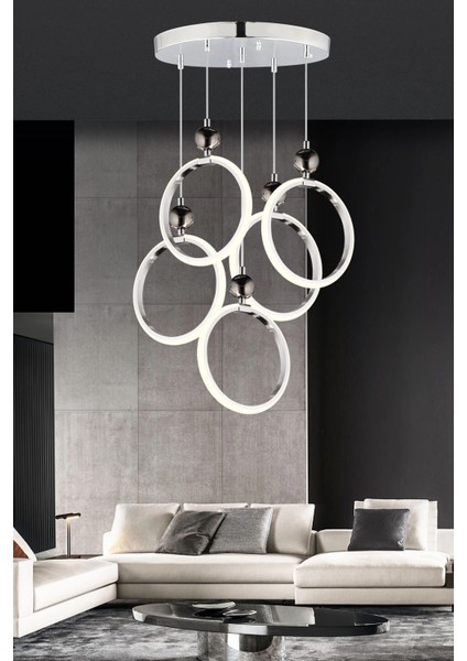 Dekoratif Beşli Yuvarlak Üç Renkli Krom Sarkıt LED Avize