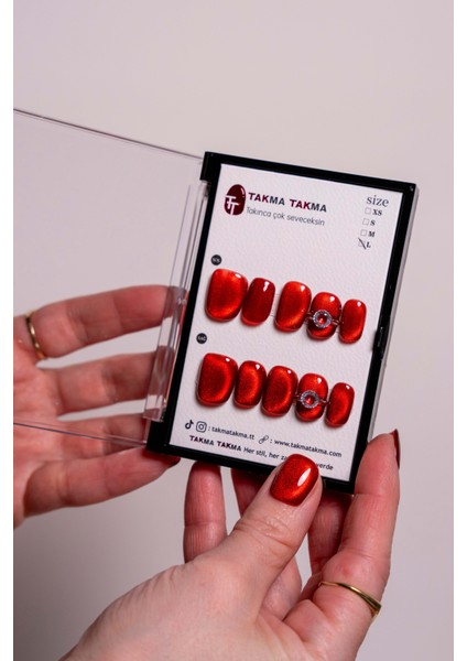 10'lu Kırmızı Kısa Balerin TT0911 Tekrar Kullanılabilir El Yapımı Protez Takma Tırnak - Kırmızı-XS