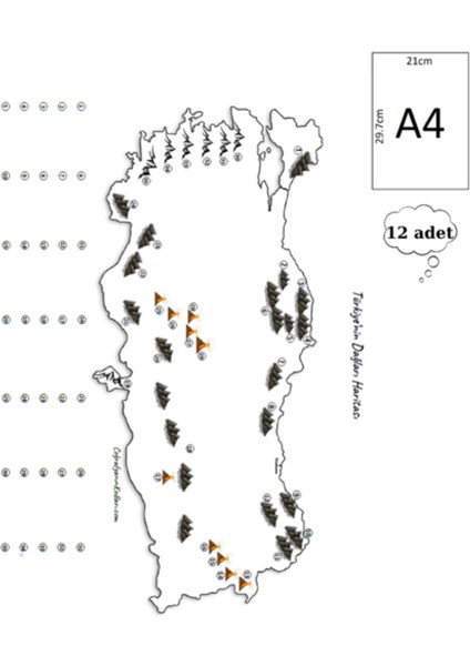 A4 Boy Dilsiz Türkiyenin Dağları Haritası Renksiz 12 Adet