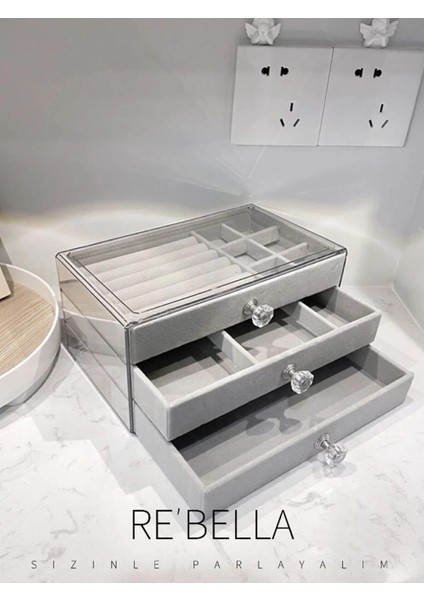 3 Çekmeceli Bölmeli Şeffaf Takı Kutusu | Mücevher Saklama Kutusu | Gri Renk Seçeneği 13X23X10 modelleri