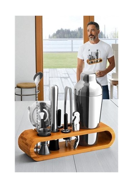 Shaker Kokteyl Set - 10 Parça 750 ml Shaker Coctail Set Bambu Standlı
