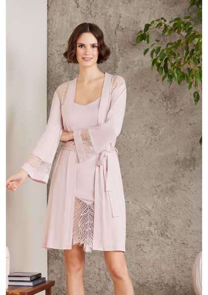 Penye Dantelli Kadın Gecelik ve Sabahlık Takım - 4015 Pudra