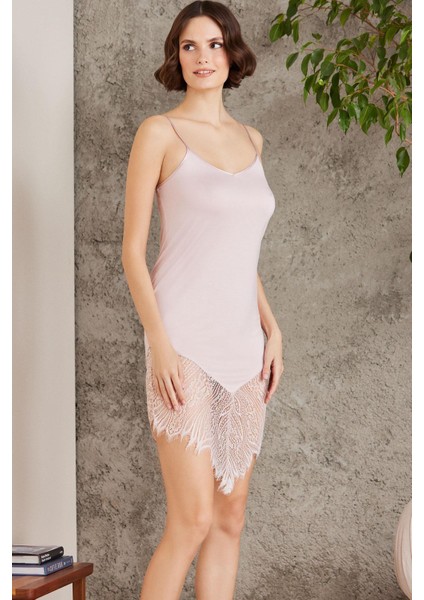 Penye Dantelli Kadın Gecelik ve Sabahlık Takım - 4015 Pudra fiyatları