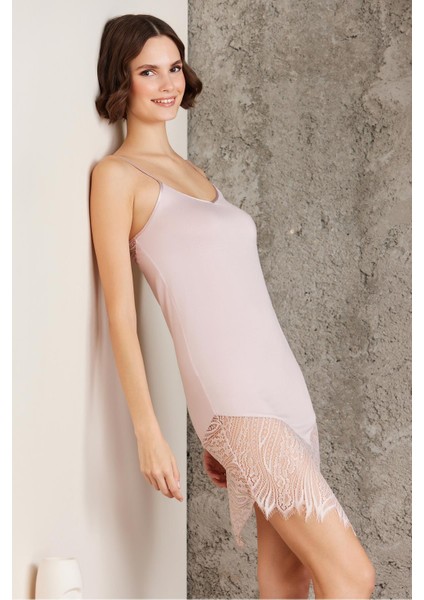 Penye Dantelli Kadın Gecelik ve Sabahlık Takım - 4015 Pudra modelleri