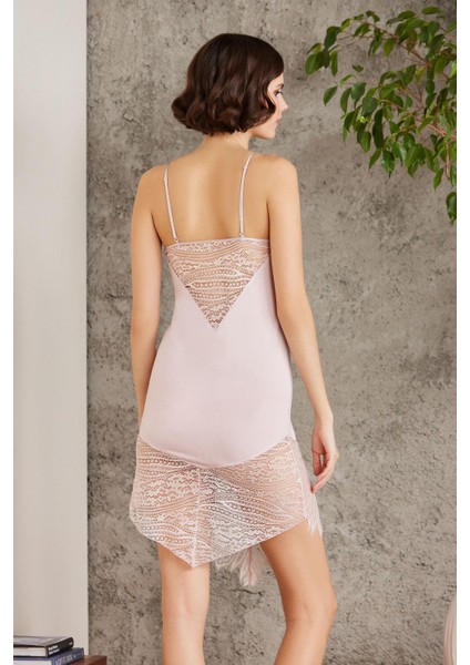 Penye Dantelli Kadın Gecelik ve Sabahlık Takım - 4015 Pudra indirimleri
