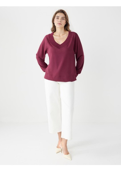 Bordo Uzun Kollu V Yaka Örme Modal Sweatshirt