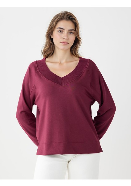 Bordo Uzun Kollu V Yaka Örme Modal Sweatshirt fiyatları