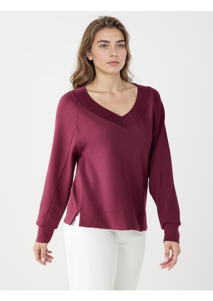 Bordo Uzun Kollu V Yaka Örme Modal Sweatshirt modelleri
