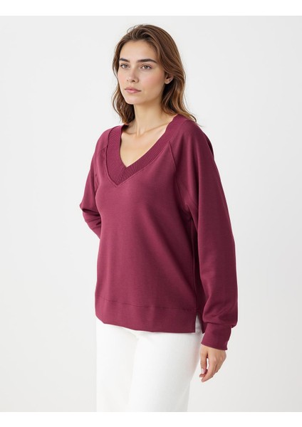 Bordo Uzun Kollu V Yaka Örme Modal Sweatshirt fırsatları