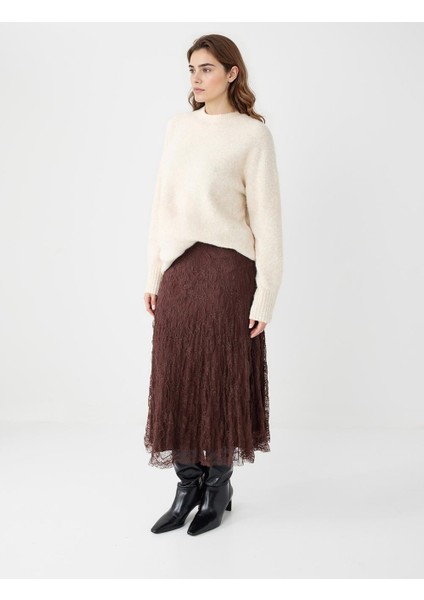 Kahverengi Yüksek Bel Dantel Detaylı Örme Midi Etek fiyatları