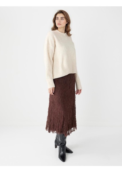 Kahverengi Yüksek Bel Dantel Detaylı Örme Midi Etek modelleri