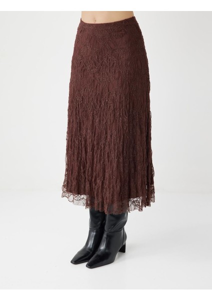 Kahverengi Yüksek Bel Dantel Detaylı Örme Midi Etek fırsatları