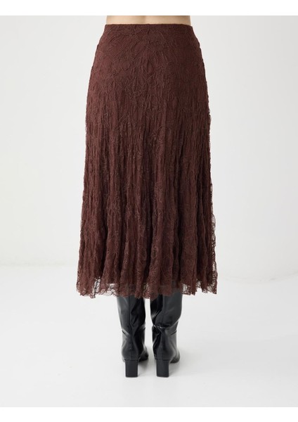 Kahverengi Yüksek Bel Dantel Detaylı Örme Midi Etek indirimleri