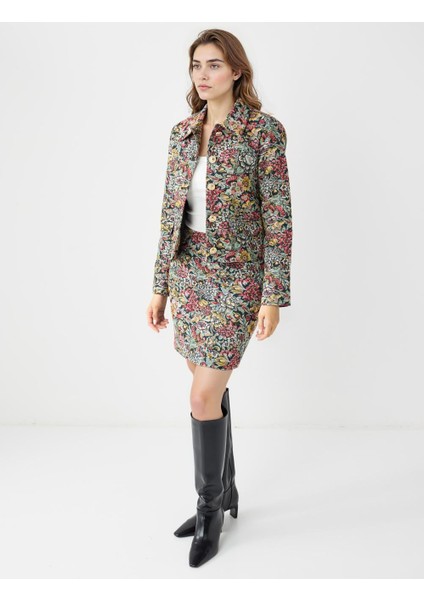 Koyu Petrol Normal Bel Çiçek Desenli Dokuma Mini Etek fiyatları