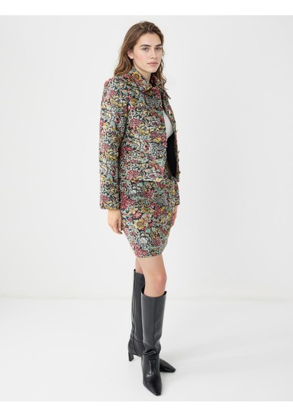 Koyu Petrol Normal Bel Çiçek Desenli Dokuma Mini Etek modelleri