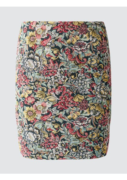 Koyu Petrol Normal Bel Çiçek Desenli Dokuma Mini Etek