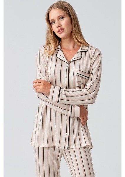 Uzun Kollu Çizgili Düğmeli Esnek Viskoz Pijama Takım fiyatları