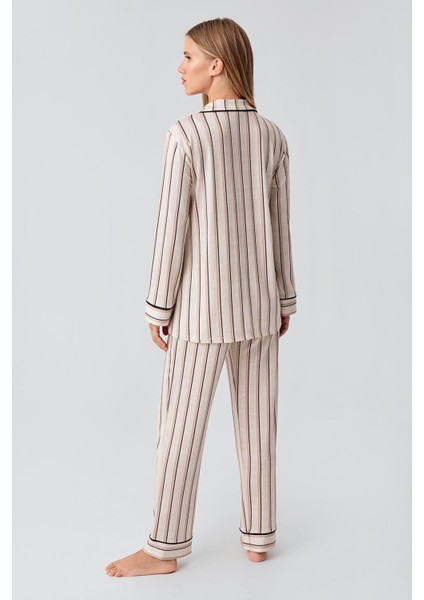Uzun Kollu Çizgili Düğmeli Esnek Viskoz Pijama Takım indirimleri