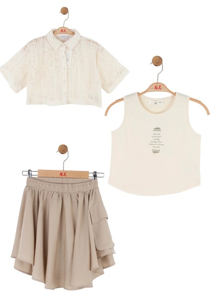 08-14 Yaş Kız Çocuk Vizon-Krem Taos Etekli Üçlü Takım - Vizon-Krem