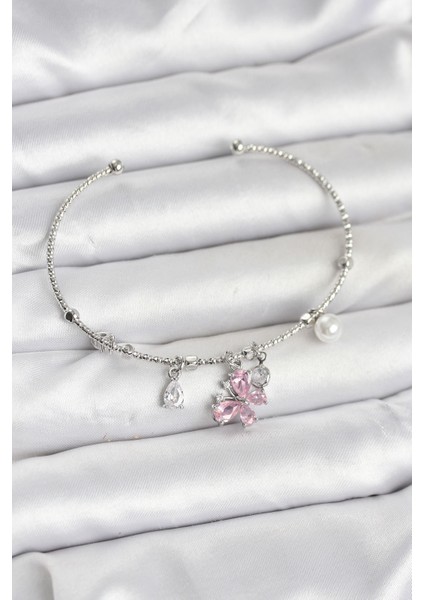 Pembe Kelebek Charmlı Gümüş Renk Kadın Bileklik - TJ-BB8032