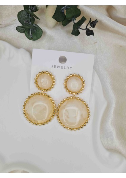Gold Vintage Mermer Detay Sallantılı Küpe – Zarif Büyük Model